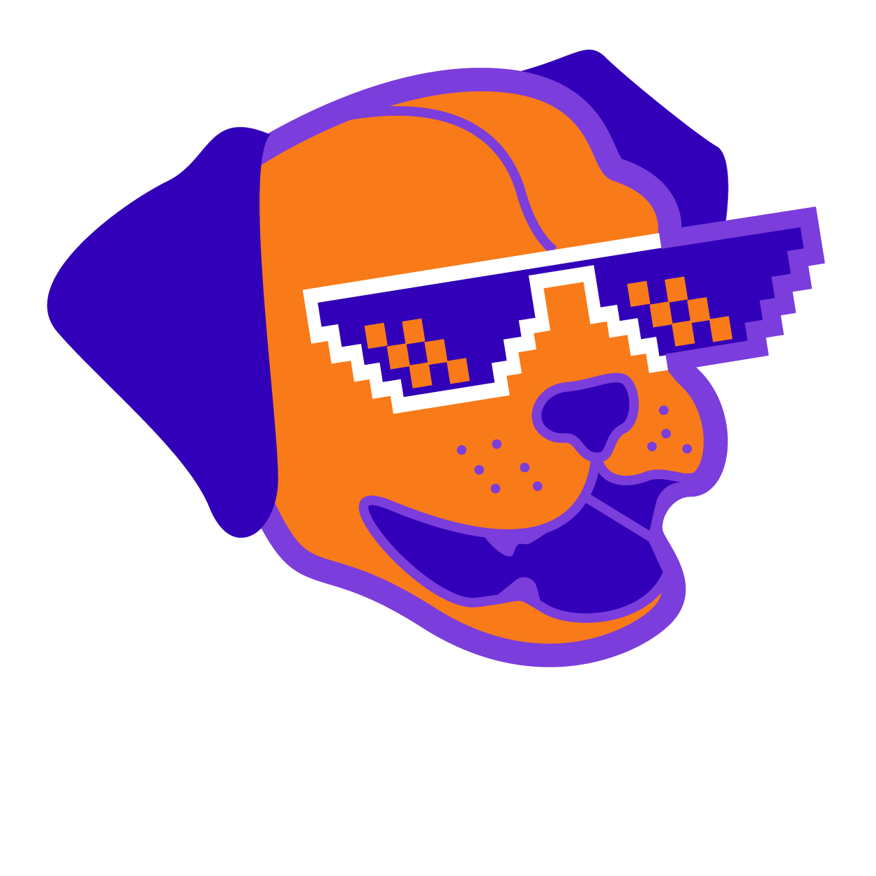 Mascotte de La Ref CM. Tête de chien portant des lunetteq